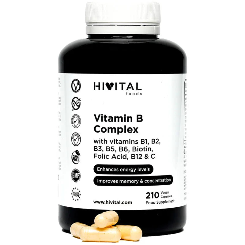 Hivital Vitamin B Complex vegan capsules bottle with 210 capsules for energy and mood support.