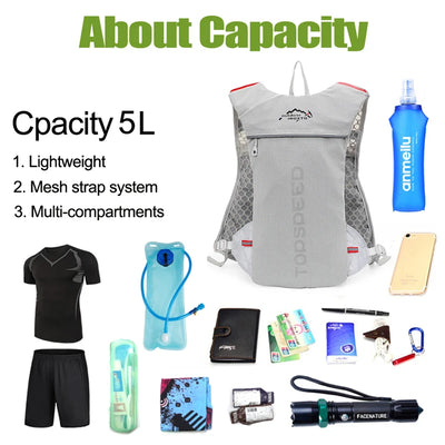 Ultralight hydration running vest with multi-compartments and mesh strap system, ideal for outdoor activities.