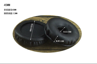Replacement 45mm round ear pads, black leather headphone sleeves, compatible with various headphones.