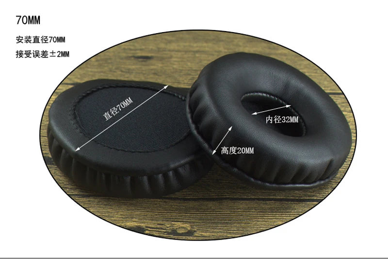 Replacement 70mm round ear pads in black leather for headphones, ideal repair parts for enhanced comfort.
