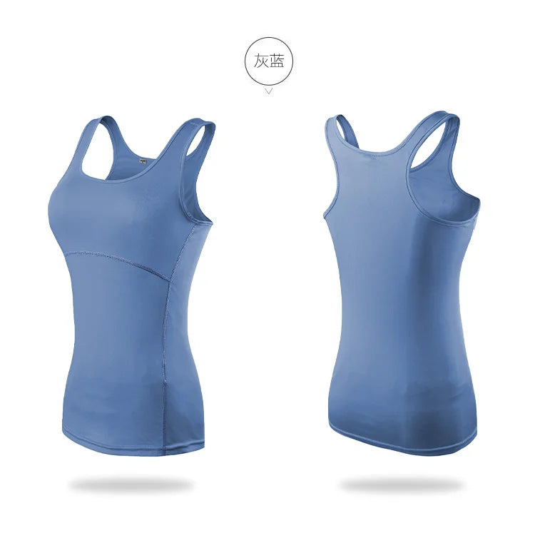 Women’s sexy sleeveless quick dry yoga tank top in blue, perfect for gym and running.