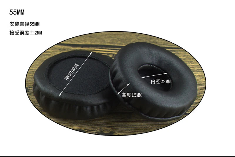 Replacement 55mm round ear pads made of leather for headphone repair, showing dimensions and design.
