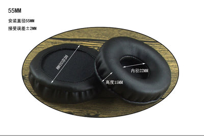 Replacement 55mm round ear pads made of leather for headphone repair, showing dimensions and design.