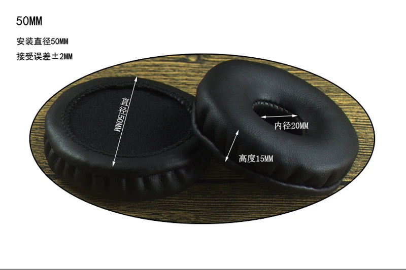 Replacement 50mm round ear pads, black leather headphone sleeves for improved comfort and fit.