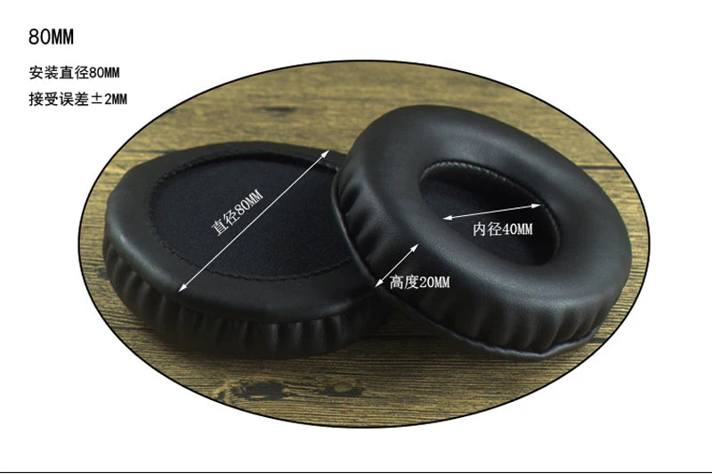 Replacement 80mm ear pads made of leather for headphone repair, featuring soft round design and easy installation.