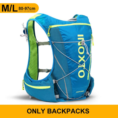 Hydration vest backpack in blue for running, cycling, and hiking. Adjustable straps, breathable design, perfect for outdoors.