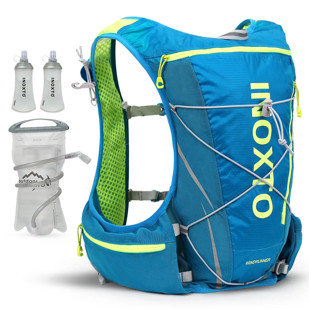 Hydration vest backpack with water bottles for running, cycling, and hiking by OUTDOOR INOXTO, featuring breathable mesh and adjustable straps.