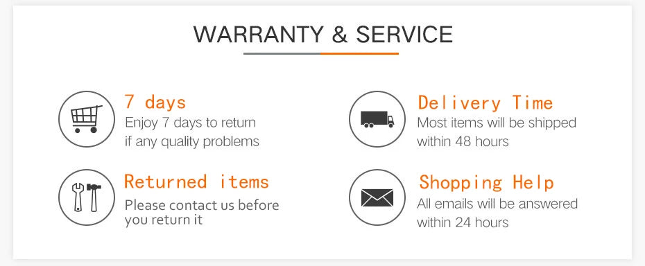 Warranty and service information with details on returns, delivery time, and customer support for shopping assistance.