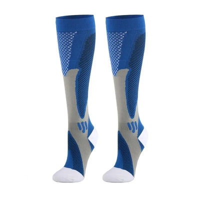 Blue compression socks for men and women, designed for varicose veins and diabetic support, ideal for sports and hiking.