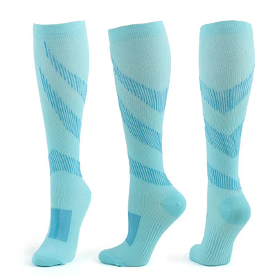 Blue compression socks for men and women, designed for varicose veins and sports activities.