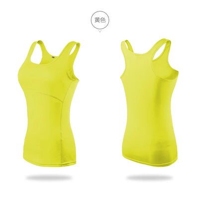 Women’s yellow quick dry yoga tank top, sleeveless design for gym and running, breathable polyester and spandex material.
