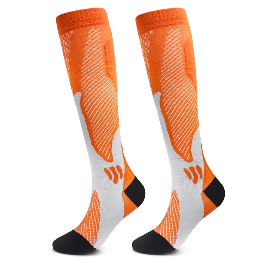 Orange compression socks designed for varicose veins, ideal for sports and hiking, suitable for men and women.