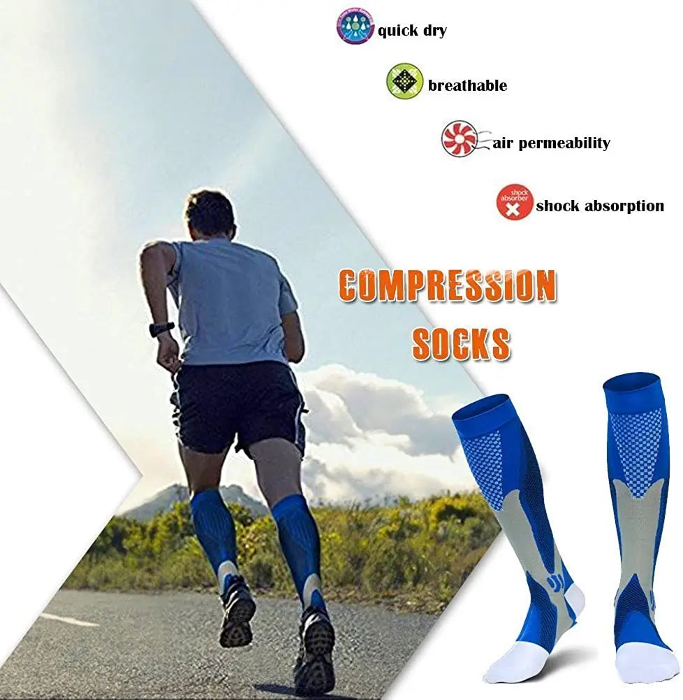 Man running outdoors wearing blue compression socks for support and comfort during sports activities.