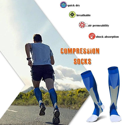 Man running outdoors wearing blue compression socks for support and comfort during sports activities.