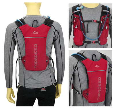 Ultralight hydration running vest in red, featuring breathable material and ergonomic design for outdoor sports.