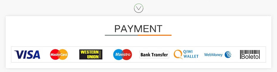 Payment methods icons: Visa, MasterCard, Western Union, Maestro, Bank Transfer, QIWI Wallet, WebMoney, Boleto.