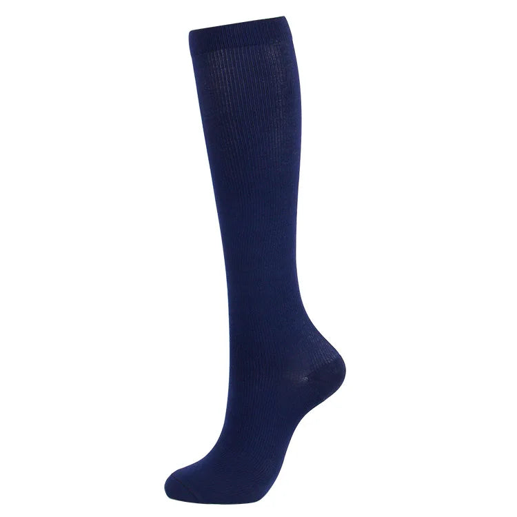 Navy compression socks designed for varicose veins support, ideal for sports, cycling, and diabetic care.
