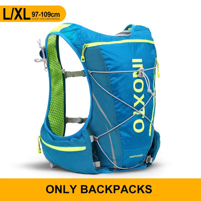 Hydration vest backpack for running, cycling, and hiking featuring breathable mesh and adjustable straps.
