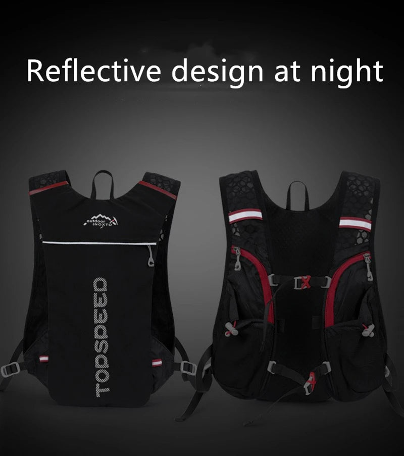 Ultralight hydration running vest featuring a breathable design and reflective elements for nighttime visibility.