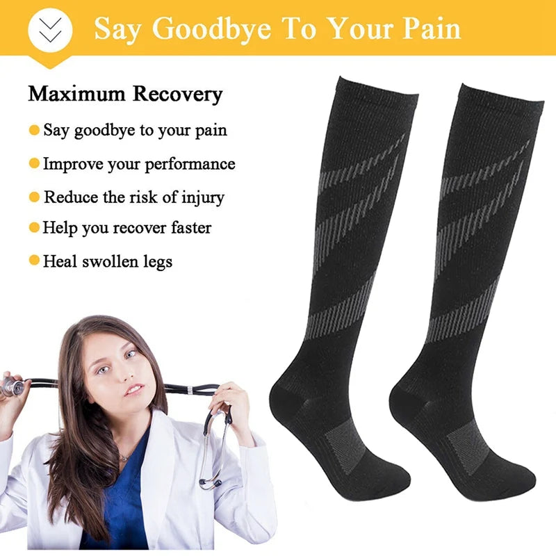 Black compression socks designed for recovery and pain relief, featuring geometric patterns for enhanced support.