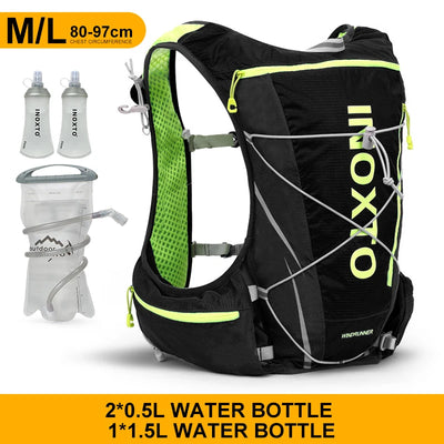 Hydration vest backpack with water bottles, ideal for running, cycling, hiking, made of polyester, unisex design.