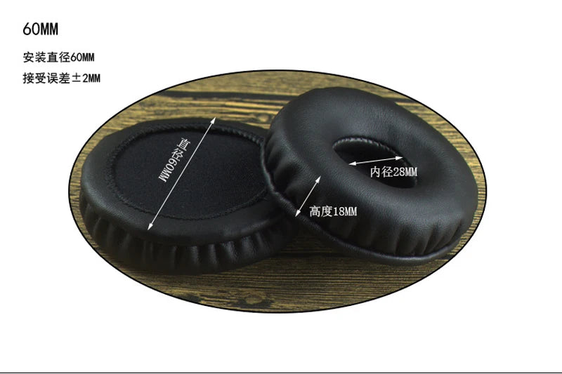 Replacement 60mm round ear pads made of leather for headphones, featuring inner diameter of 28mm and height of 18mm.