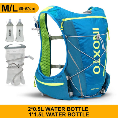 Hydration vest backpack for running, cycling, and hiking with water bottles, adjustable for unisex users.