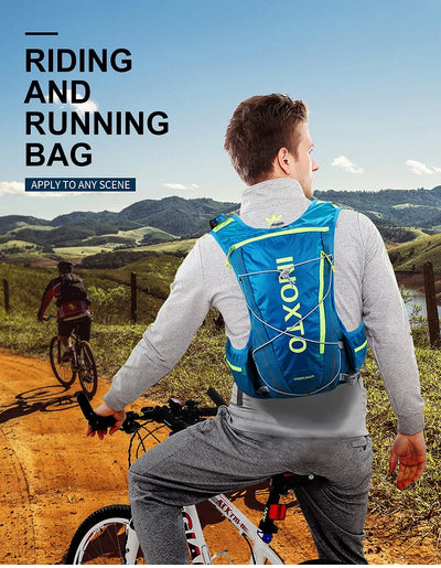 Man wearing an OUTDOOR INOXTO hydration vest backpack for running and cycling in scenic outdoor landscape.