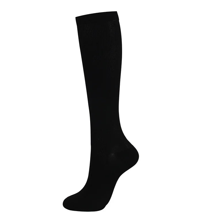Black compression sock designed for varicose veins relief, suitable for men and women during sports and daily activities.