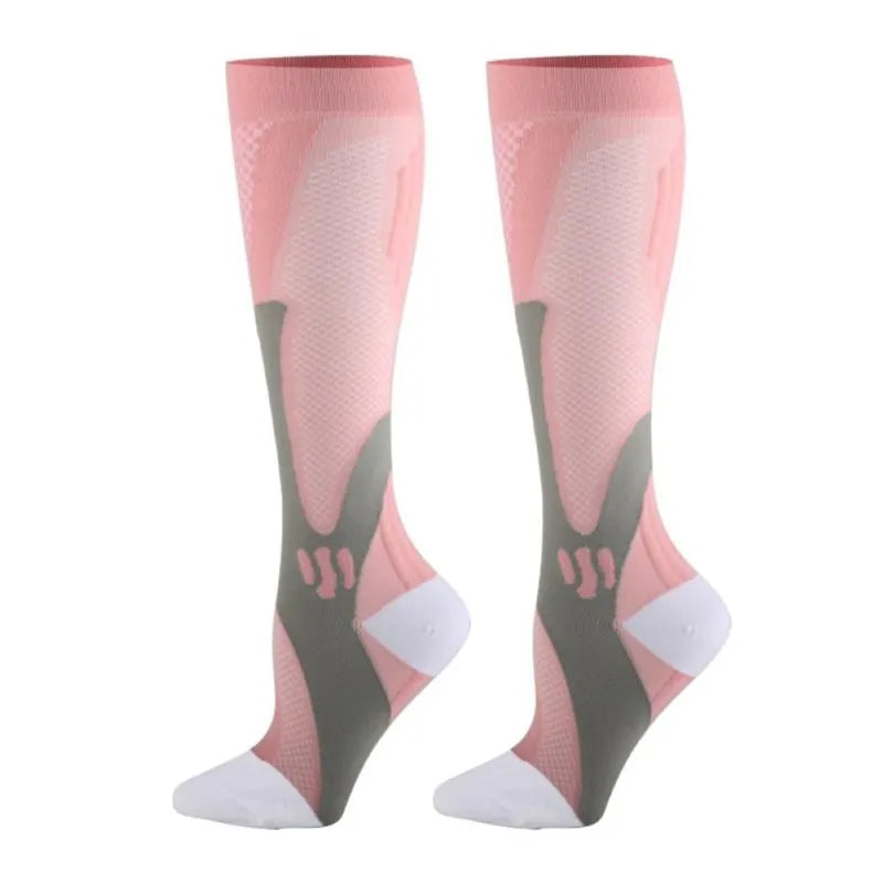 Compression socks for men and women designed for varicose veins and diabetes support, featuring pink and gray geometric patterns.