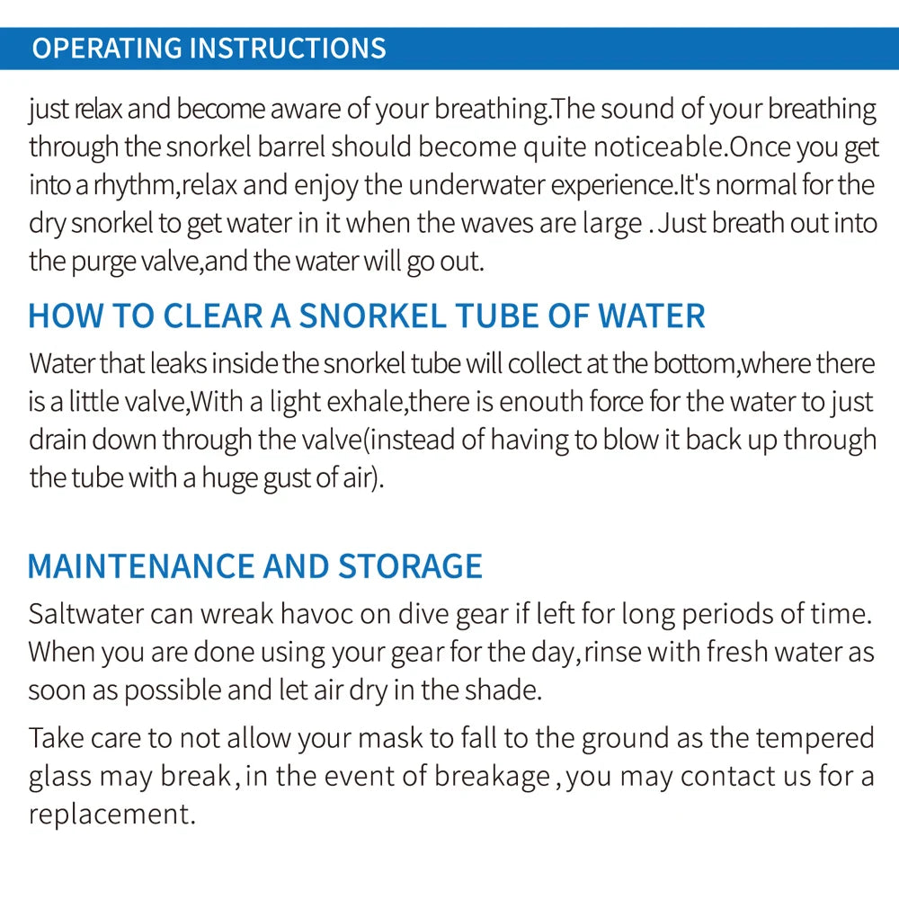 Operating instructions for snorkeling gear: tips for breathing, clearing snorkel tube, and maintenance guidelines.