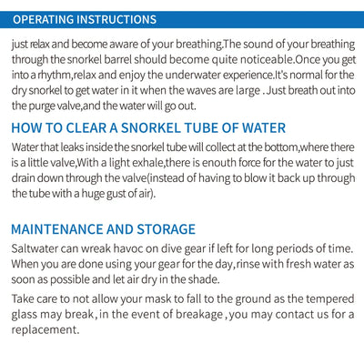 Operating instructions for snorkeling gear: tips for breathing, clearing snorkel tube, and maintenance guidelines.