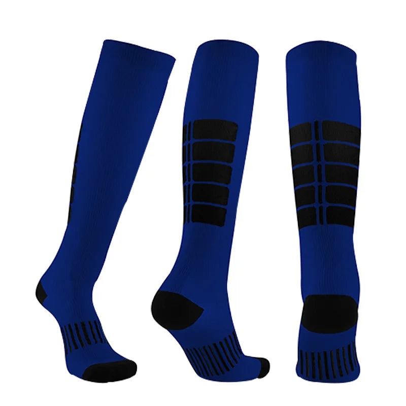 Blue compression socks designed for diabetics, ideal for sports, running, and hiking, featuring geometric patterns.