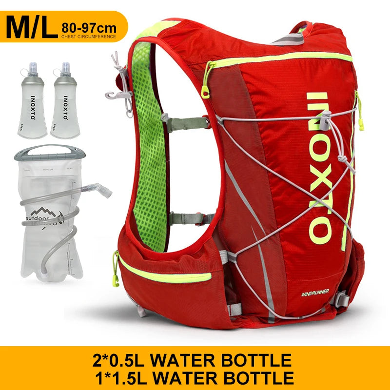 Hydration vest backpack featuring bottles, ideal for running, cycling, and hiking; made from durable polyester by OUTDOOR INOXTO.