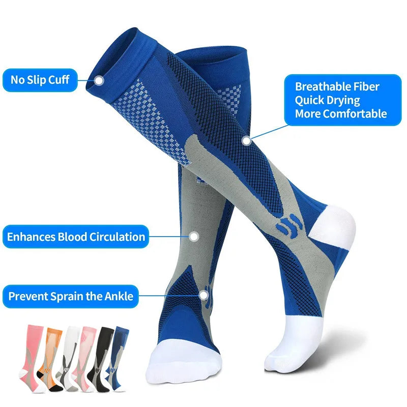 Compression socks designed for sports and diabetics, enhancing circulation and preventing ankle sprains, featuring breathable fibers.