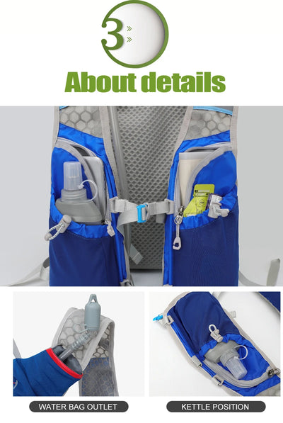 Ultralight hydration running vest showing water bag outlet and kettle position, designed for comfort and breathability.