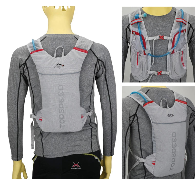 Ultralight hydration running vest, breathable backpack for unisex outdoor activities, made of polyester.