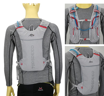 Ultralight hydration running vest, breathable backpack for unisex outdoor activities, made of polyester.