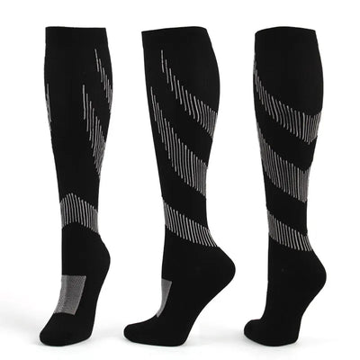 Black compression socks with geometric design for men and women, ideal for sports, running, and varicose vein relief.