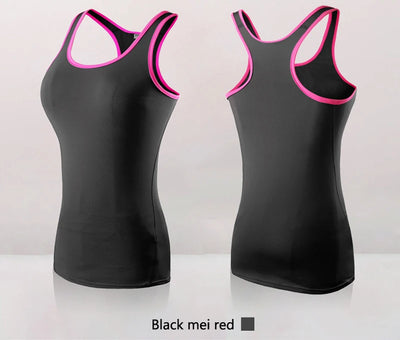 Women’s black quick dry yoga tank top with pink trim, sleeveless design, ideal for gym and running.