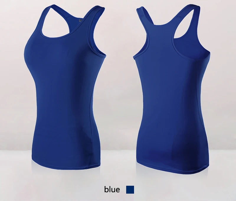 Women’s blue quick-dry yoga tank top, sleeveless, breathable fabric ideal for gym and running activities.