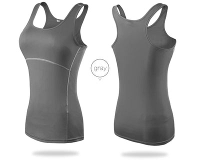 Women’s gray quick dry yoga tank top, sleeveless gym vest designed for comfort and breathability.