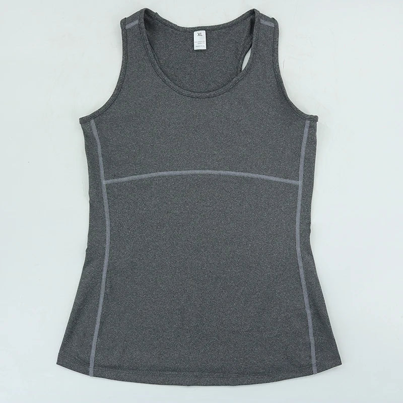 Women's quick dry sleeveless yoga tank top in dark gray, breathable and anti-shrink fabric for workouts.