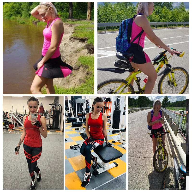 Women wearing vibrant quick dry yoga tank tops in various outdoor and gym settings for fitness activities.