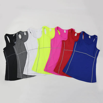 Women's quick dry sleeveless yoga tank tops in various colors: black, gray, white, neon, pink, red, and blue.