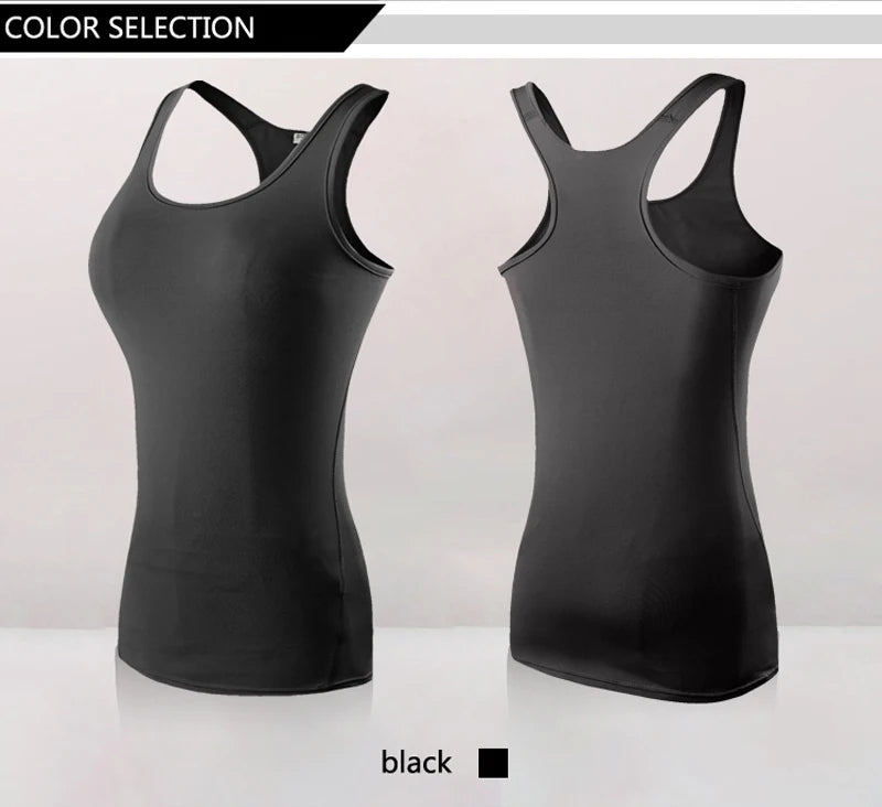 Women's black quick dry yoga tank top, sleeveless gym vest, breathable fabric for yoga and running.