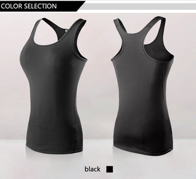 Women's black quick dry yoga tank top, sleeveless gym vest, breathable fabric for yoga and running.