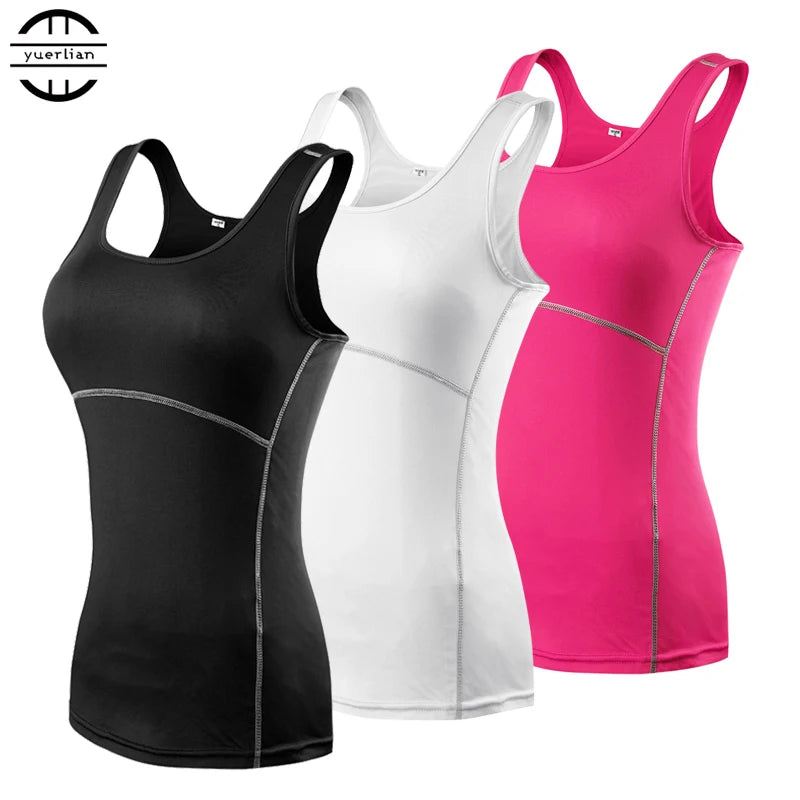 Women’s quick dry yoga tank tops in black, white, and pink for gym and running.