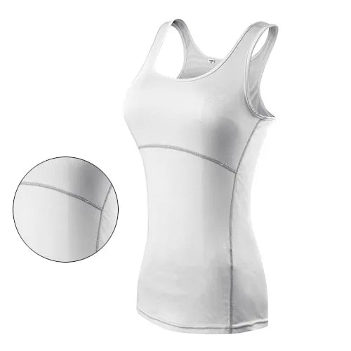 Women’s quick dry sleeveless yoga tank top in white, featuring breathable, anti-pilling fabric for fitness and running.