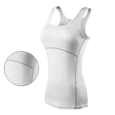 Women’s quick dry sleeveless yoga tank top in white, featuring breathable, anti-pilling fabric for fitness and running.